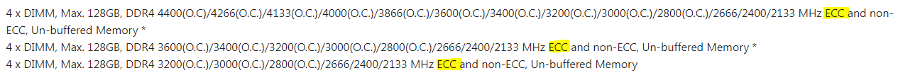 ASUS tech specs page with ECC highlighted